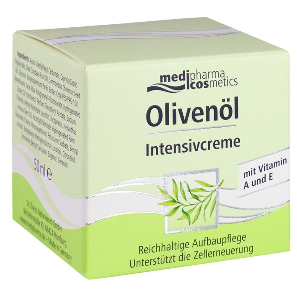 Grüne Verpackung einer Olivenöl-Intensivcreme mit Vitaminen A und E.
